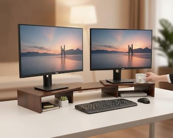 Wood Dual Monitor Stand Riser | Walnut Monitor Stand | Monitor Stand Riser | Monitor Riser | Desktop Organizer | Desktop Stand