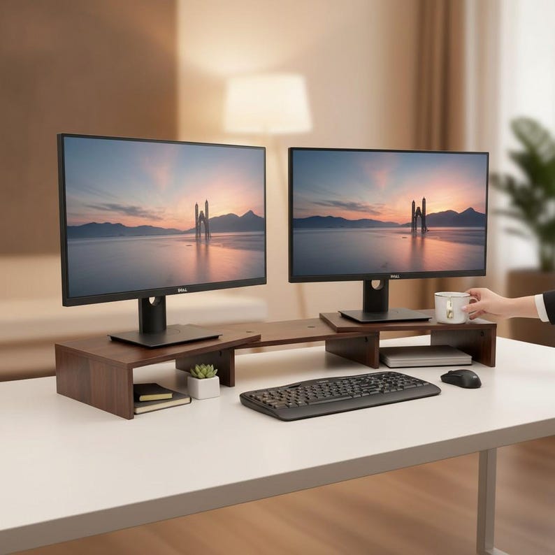 May include: Two black computer monitors on dark brown wooden monitor stands. A keyboard, mouse, and small plant are on the white desk. A person's hand holds a white mug. The desk is in a home office.