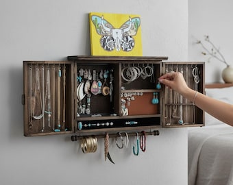 Rustic Wood Wall Mounted Jewelry Organizer | Jewelry Holder | Jewelry Storage | Earring Holder | Ring Holder | Necklace Holder |Gift For Her