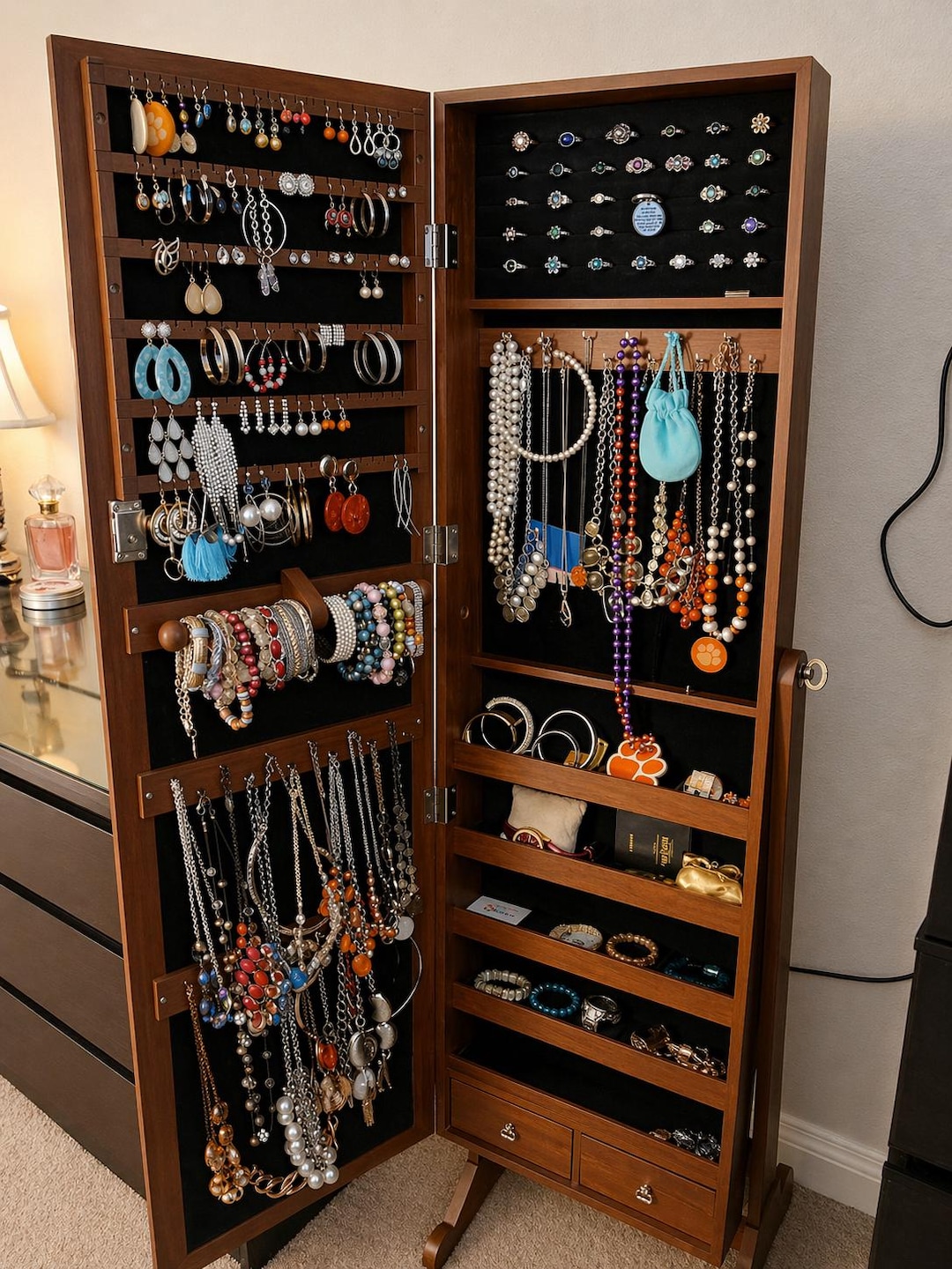 Wooden Freestanding Jewelry Cabinet With Mirror | Makeup Storage ...