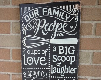 Family Recipe Kitchen Sign: Rustic Distressed Wood Decor (12" x 24")