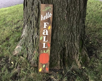 Hello Fall Porch Sign | Fall Sign | Fall Decor | Porch Sign | Autumn Sign | Pumpkins | Pumpkin Porch Sign | Fall Patio stained 36" x 6"