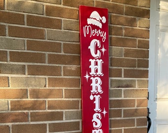 Christmas Porch Decor, Merry Christmas Wood Sign, Vertical Farmhouse Christmas Porch Sign, Rustic Country Wood Christmas Sign Red 48" x 7.5"