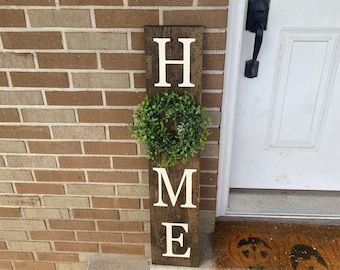 Handmade Wooden "HOME" Sign: Farmhouse Porch Decor with Faux Wreath