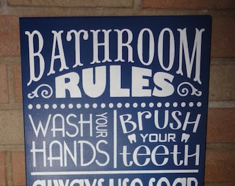 Navy BATHROOM Sign / Rustic Wood Sign / Bathroom Rules Sign / Hand Painted Sign  /Bathroom Decor / Farmhouse Large Sign / 11.5" x 24"
