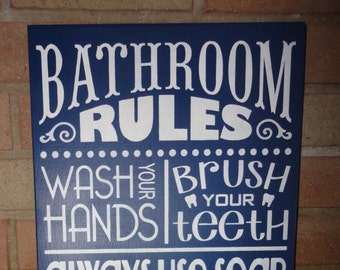 Navy BATHROOM Sign / Rustic Wood Sign / Bathroom Rules Sign / Hand Painted Sign  /Bathroom Decor / Farmhouse Large Sign / 11.5&quot; x 24&quot;