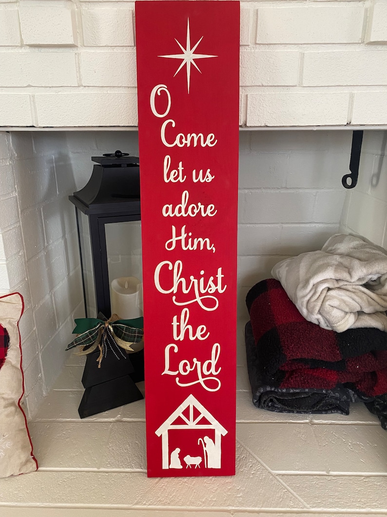 Nativity Christmas Porch Sign: O Come Let Us Adore Him Wood Decor bild 7