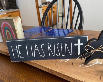 He Has Risen Easter Cross Sign: Hand Painted Rustic Decor