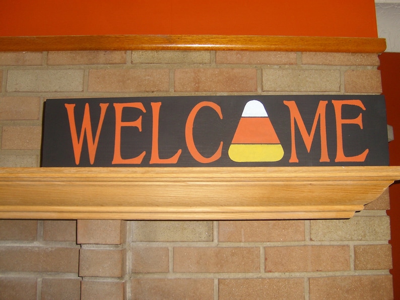 WELCOME Fall Sign / Candy Corn Wood Sign / Fall Decor / Autumn Welcome Sign / Candy Corn Wood Sign / Halloween Trick Or Treat Decor / 6 x 24 image 1