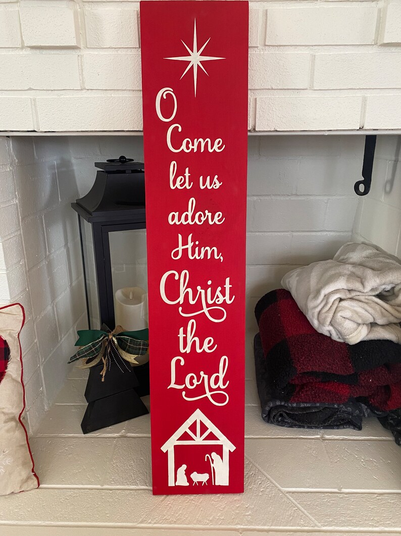 Nativity Christmas Porch Sign: O Come Let Us Adore Him Wood Decor bild 3