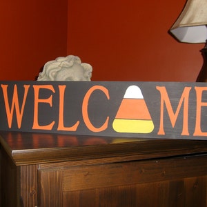 WELCOME Fall Sign / Candy Corn Wood Sign / Fall Decor / Autumn Welcome Sign / Candy Corn Wood Sign / Halloween Trick Or Treat Decor / 6 x 24 image 2