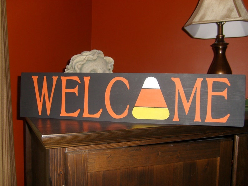 WELCOME Fall Sign / Candy Corn Wood Sign / Fall Decor / Autumn Welcome Sign / Candy Corn Wood Sign / Halloween Trick Or Treat Decor / 6 x 24 image 2