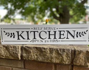 Hand-Painted Farmhouse Kitchen Sign: Self-Serve 24 HRS, Pine Wood (24" x 5.5")