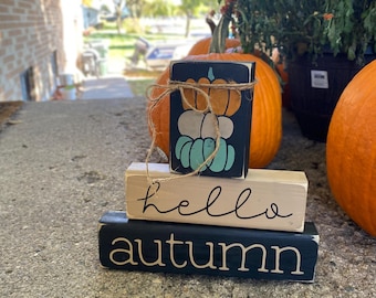 Fall "Hello Autumn" Wood Blocks - Primitive Rustic Fall Decor Signs