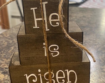 He Is Risen Easter Wood Block Sign: Rustic Tiered Tray Decor