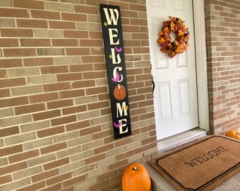 Welcome Halloween Porch Sign - Welcome Fall Porch Sign - Halloween Decor - Vertical Fall Wood Sign - Entryway Patio Deck Front Door Sign