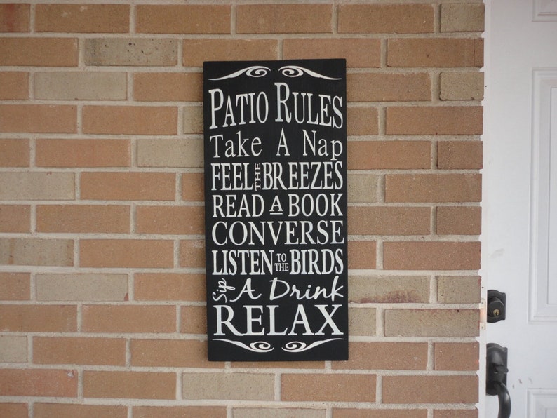 PATIO Rules Sign, Wood Sign , Porch sign , Cabin Sign , Deck Yard Outdoors Sign , Farmhouse Sign Porch Decor , Primitive Sign 24 x 12 image 1