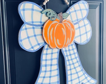 Fall Porch BOW Door Hanger Sign - Hand-Painted Pumpkin Door – Fall Porch Decor, Wooden Welcome Hanger
