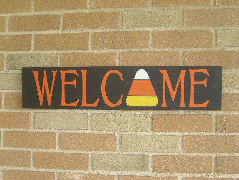 WELCOME Fall Sign / Candy Corn Wood Sign / Fall Decor / Autumn Welcome Sign / Candy Corn Wood Sign / Halloween Trick Or Treat Decor / 6 x 24 image 3