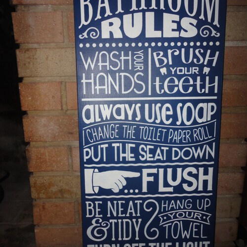 Navy BATHROOM Sign / Rustic Wood Sign / Bathroom Rules Sign / Etsy