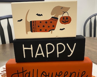 Happy Halloweenie Primitive Halloween Wood Blocks Halloween Decor - Weiner Dog, Pets