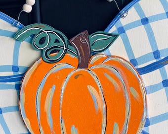 Hand-Painted Pumpkin Door Sign – Fall Porch Decor, Wooden Welcome Hanger
