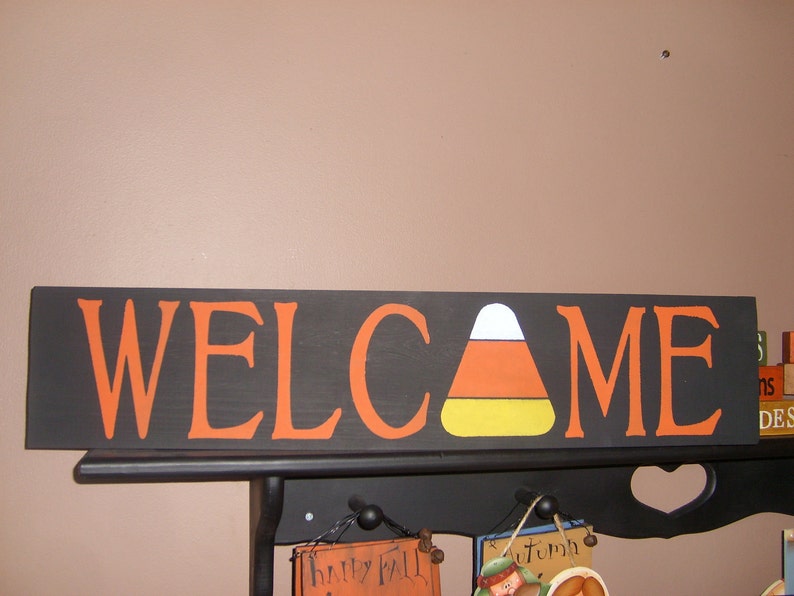 WELCOME Fall Sign / Candy Corn Wood Sign / Fall Decor / Autumn Welcome Sign / Candy Corn Wood Sign / Halloween Trick Or Treat Decor / 6 x 24 image 4