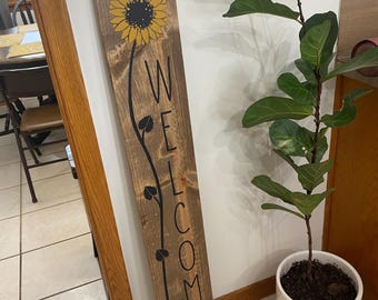 Sunflower Welcome Sign: Rustic Wood Vertical Porch Decor (48x7.5)