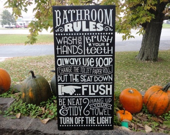 Bathroom Sign / BATHROOM RULES Sign / Bathroom Sign / Home Decor/ Washroom Rustic Country / Wood Sign / Black / DAWNSPAINTING 12" x 24"