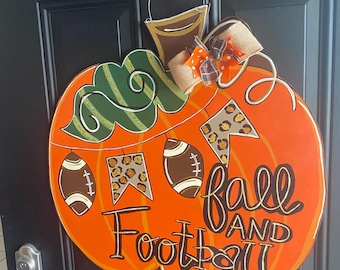 Fall & Football Pumpkin Door Hanger Sign - Glitter Accent - Hand-Painted Wooden Fall Decor