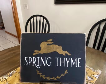 Primitive Easter Spring Thyme Wood Sign with Bunny Rabbit