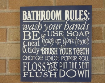 Bathroom Decor / BATHROOM Rules Sign / Home Decor  / Bathroom Farmhouse Style Wood SIGN / Rustic Country DAWNSPAINTING / Navy / 12" x 12"