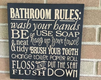 BATHROOM Decor / Bathroom Rules Sign / Black / Home Decor / Wood SIGN / Farmhouse Style Sign / Rustic & Country Decor / Painted 12" x 12"