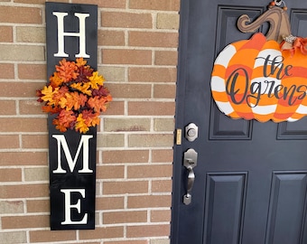 Home Fall Handmade Wooden Sign, Farmhouse Porch Decor with Faux Wreath