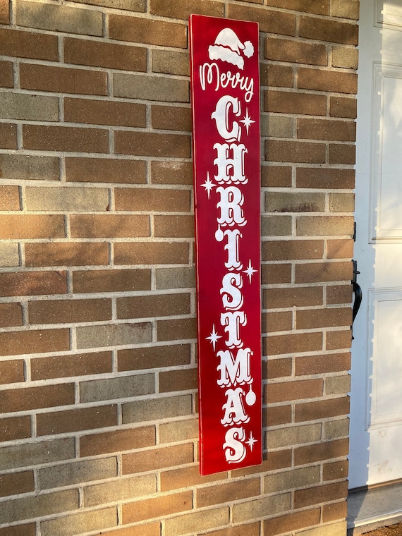 Christmas Porch Decor, Merry Christmas Wood Sign, Vertical Farmhouse Christmas Porch Sign, Rustic Country Wood Christmas Sign Red 48" x 7.5"