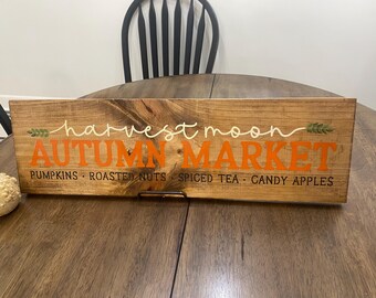 Harvest Moon Autumn Market Hand-Painted Wood Sign, Fall Porch Door Hanger