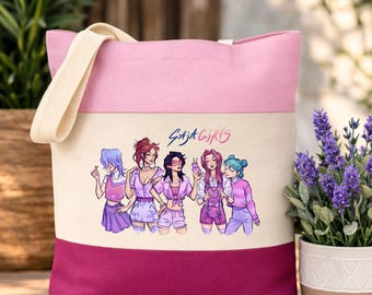 Anime Girls Graphic Tote Bag – Pink Canvas Y2K Style Shopper