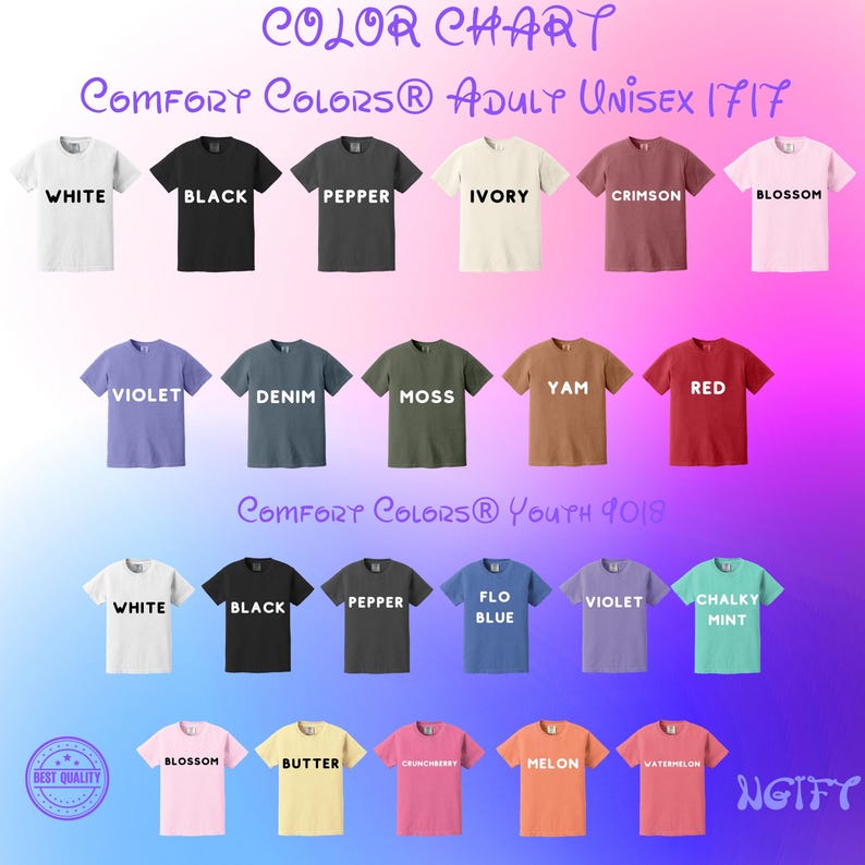 May include: A colour chart displaying Comfort Colors adult and youth unisex t-shirts. Adult shirts are shown in white, black, pepper, ivory, crimson, blossom, violet, denim, moss, yam, and red. Youth shirts are available in white, black, pepper, flo blue, violet, chalky mint, blossom, butter, crunchberry, melon, and watermelon.
