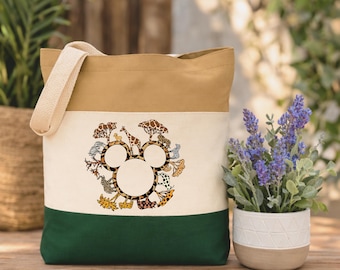 Safari Animal Mouse Ears Tote Bag, Wildlife Jungle Pattern Canvas Shopper Bag