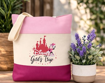 Castle Inspired Girls Trip Tote Bag: Minnie Mouse Theme Park Vacation Canvas Shopper