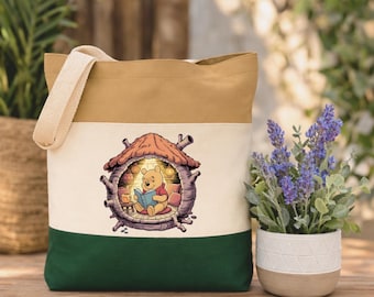 Woodland Bear Reading Tote Bag, Cottagecore Forest Animal Canvas Shopper Bag