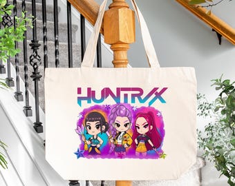 Huntrix Large Canvas Tote Bag, Kpop Demon Hunters Reusable Bag, Cute Anime Girl Tote, Trendy Gift for Kpop Lovers, Stylish Canvas Bag