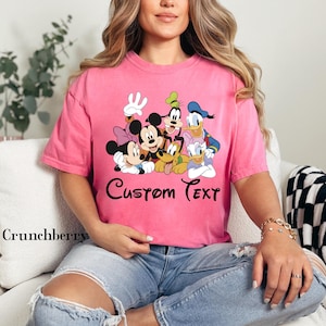May include: A pink t-shirt with a graphic of Disney characters, including Mickey and Minnie Mouse, Goofy, Donald and Daisy Duck, and Pluto. The words "Custom Text" are printed in black script below the characters.
