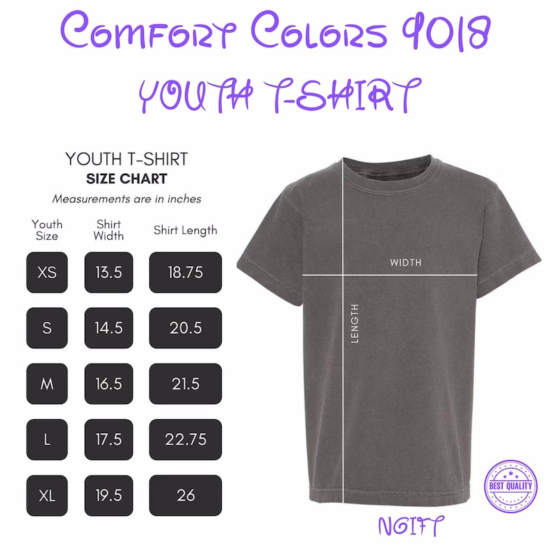 May include: A grey Comfort Colors youth t-shirt with a size chart showing measurements in inches. The chart includes sizes XS to XL, with corresponding shirt width and length measurements. The shirt has a crew neck and short sleeves.