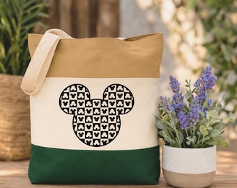Checkered Mouse Ears Tote Bag: Theme Park Inspired Canvas Shopper