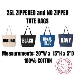 May include: Four tote bags in natural, black, royal blue, and navy. Each bag has a different color handle and the word for the color printed on the front. The bags are 20"W x 15"H x 5"D and made of 100% cotton.