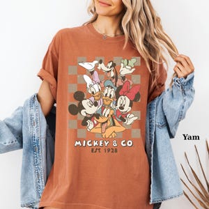 May include: A rust-colored t-shirt featuring a graphic of Mickey Mouse, Minnie Mouse, Donald Duck, Daisy Duck, Goofy, and Pluto. The shirt has a checkered background and the text "Mickey & Co. Est. 1928".