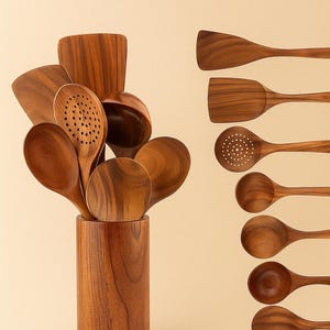 Peut inclure: Ensemble d'ustensiles de cuisine en bois, comprenant des spatules et des cuillères, présentés dans un support en bois. Les ustensiles sont en bois brun moyen chaud avec des motifs de grain visibles. L'ensemble comprend différentes tailles et formes pour la cuisine.