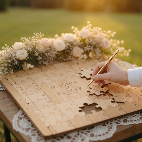 Livre d’or puzzle bois personnalisé | Personalized Wooden Wedding Guest Book |Décoration mariage rustique, cadeau anniversaire & baby showe4