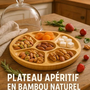 Peut inclure: Plateau apéritif rond en bambou naturel avec six compartiments remplis de noix, d'abricots secs et de cubes blancs. Un dôme en verre transparent est posé au-dessus. Le texte "PLATEAU APÉRITIF EN BAMBOU NATUREL" est visible.